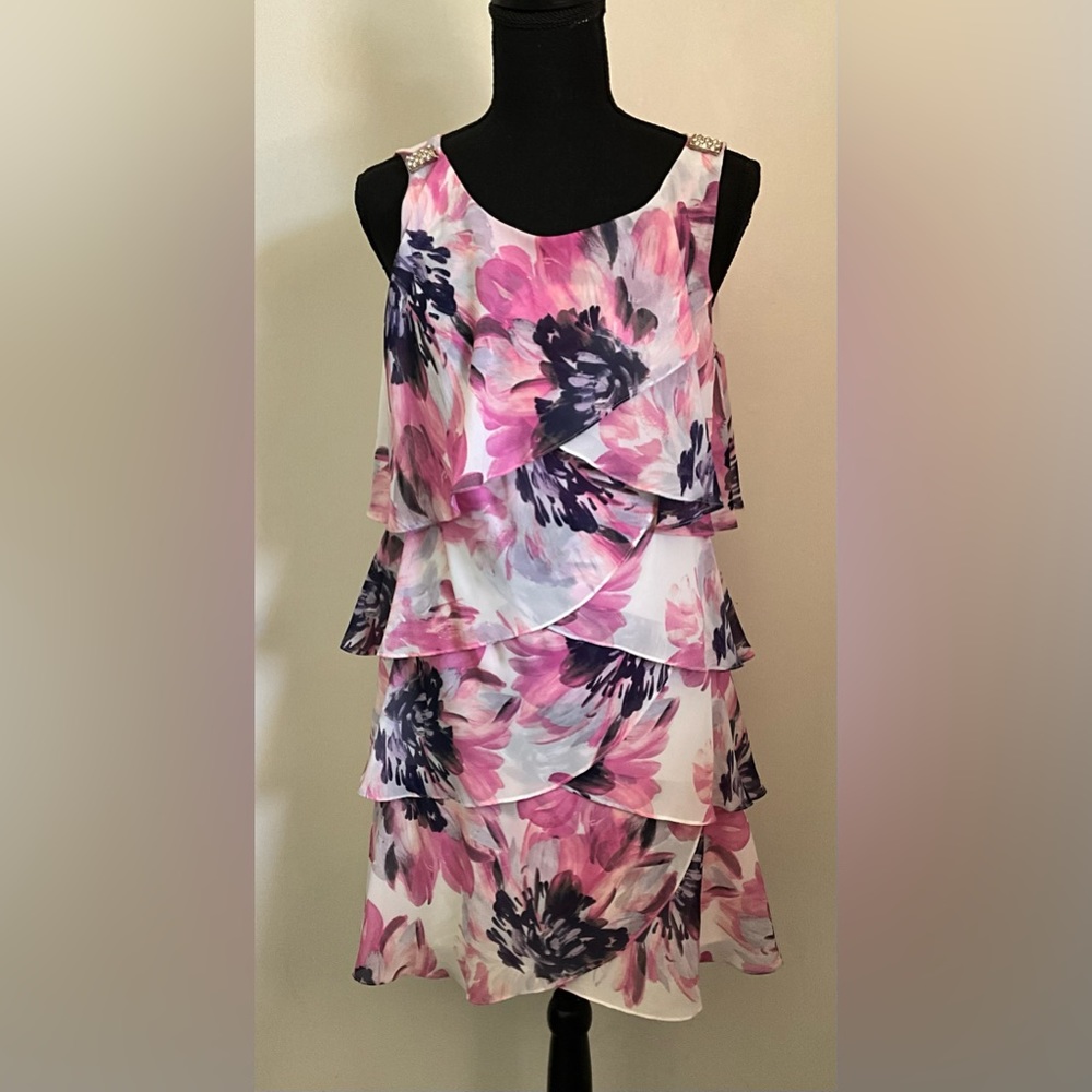SLNY Pink and Purple Floral Tiered Cocktail Dress comfortable!